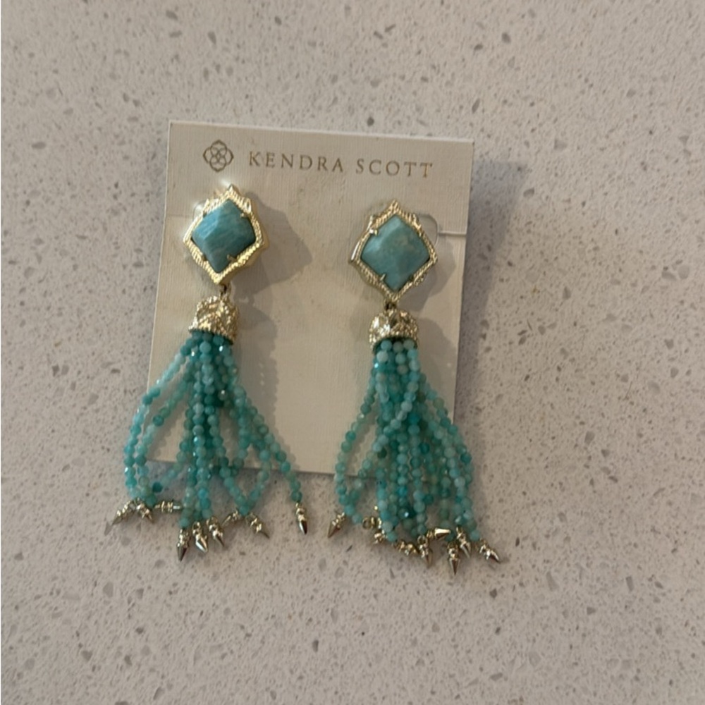 Kendra Scott Blue-Green Beaded Tassel Drop Earrings with Gold Accents